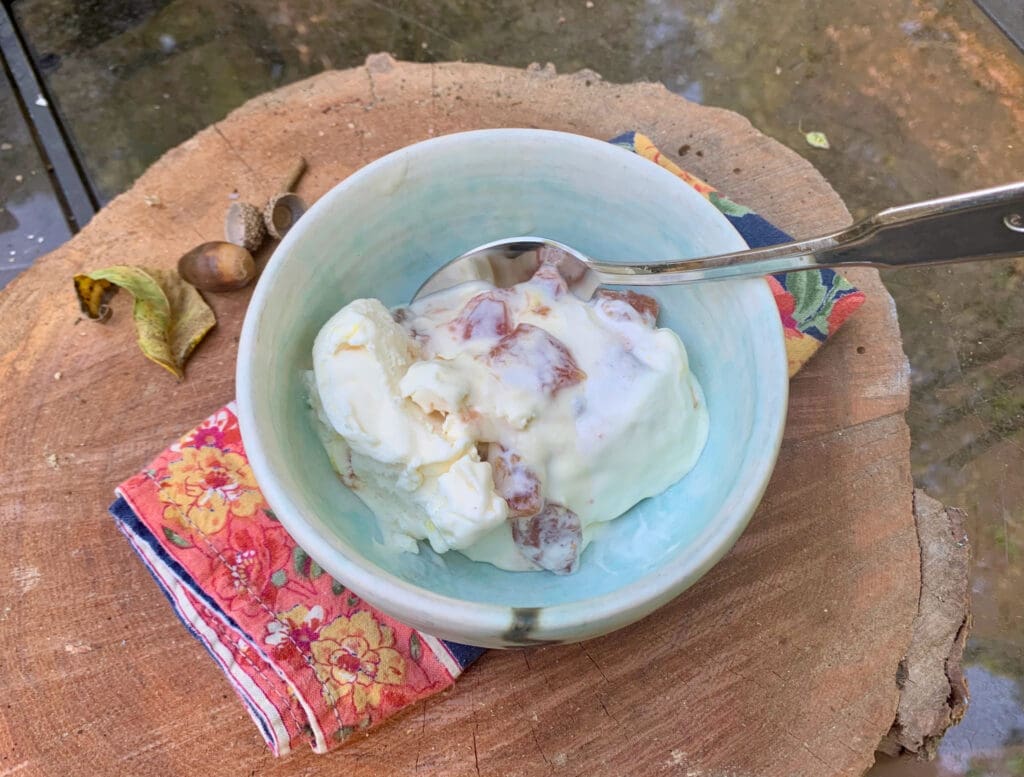 Ice cream with fruit in a bowl.