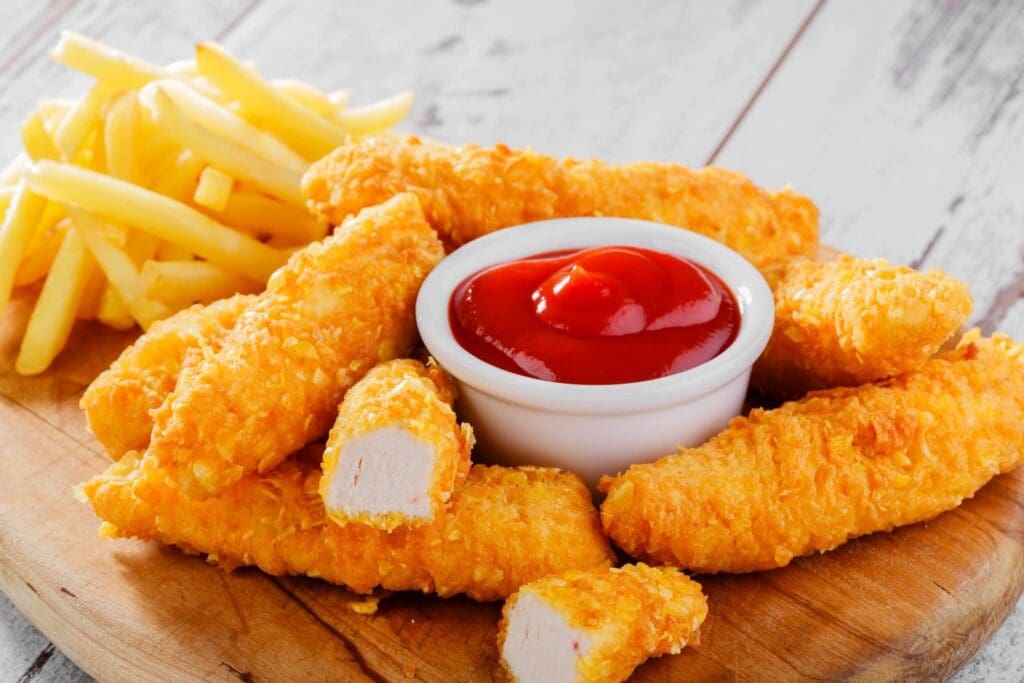 A wooden table topped with fried food and ketchup.