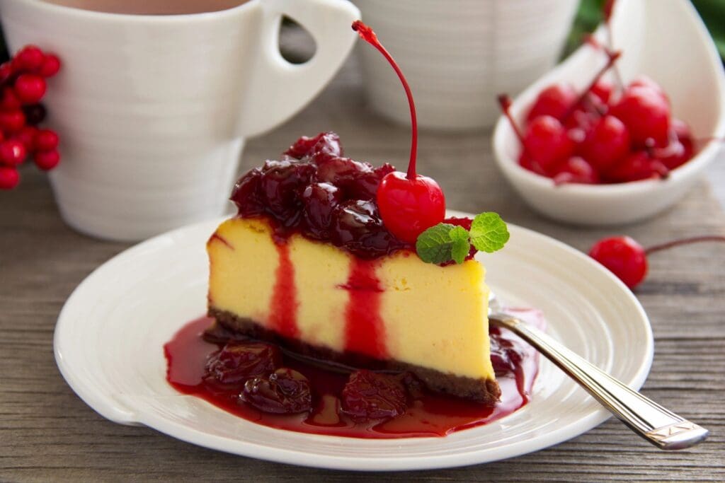 A piece of cheesecake with cherries on top.