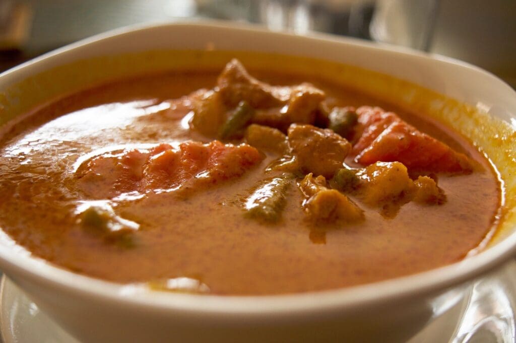 A bowl of soup with meat and vegetables.