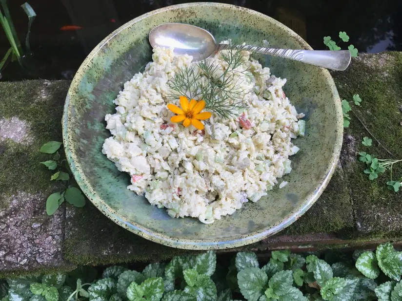 A bowl of rice with a spoon in it