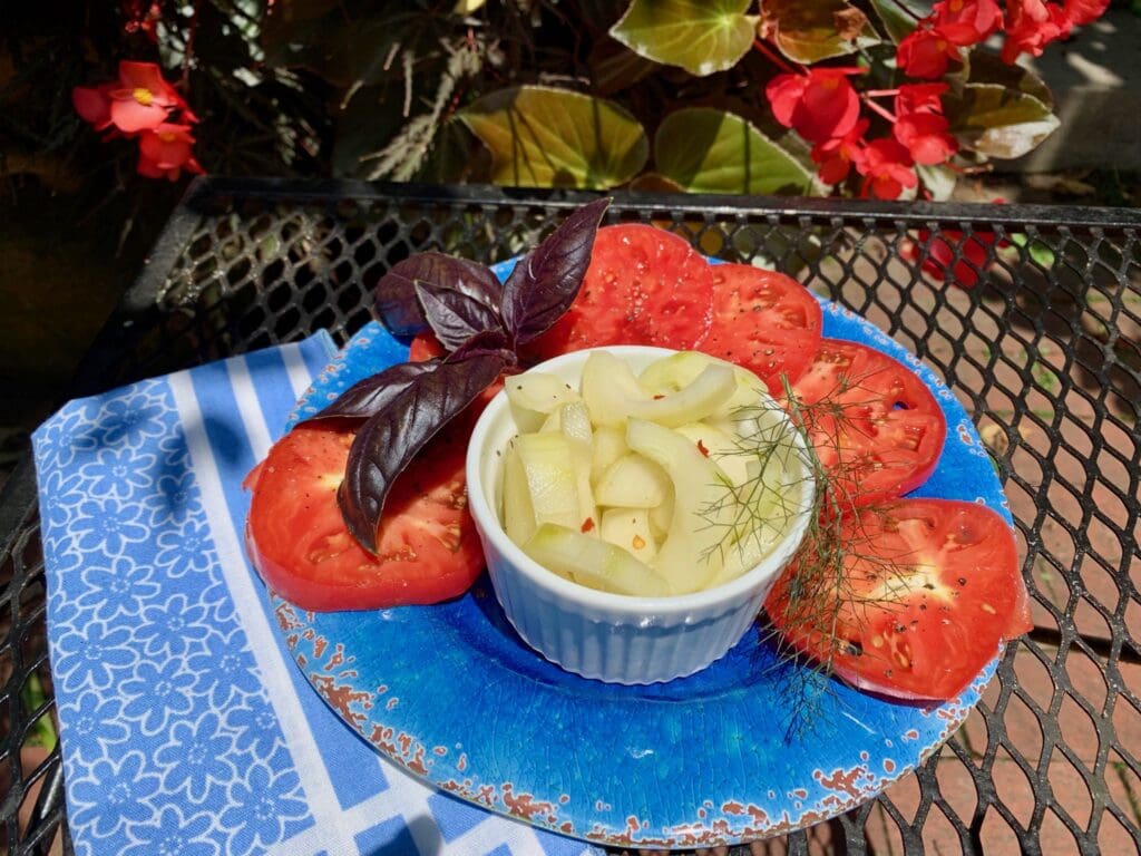 Cucumber and tomato salad with basil.