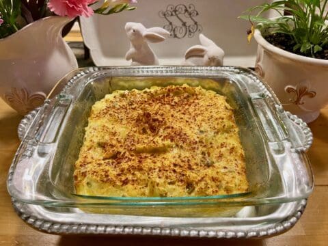 Baked casserole in a silver dish.