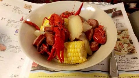 Crawfish boil with corn and potatoes.