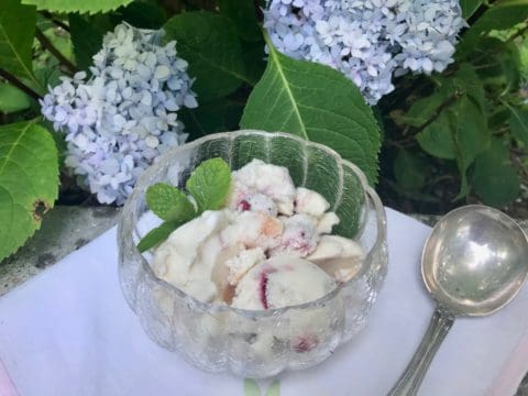 White ice cream with fruit in a bowl.