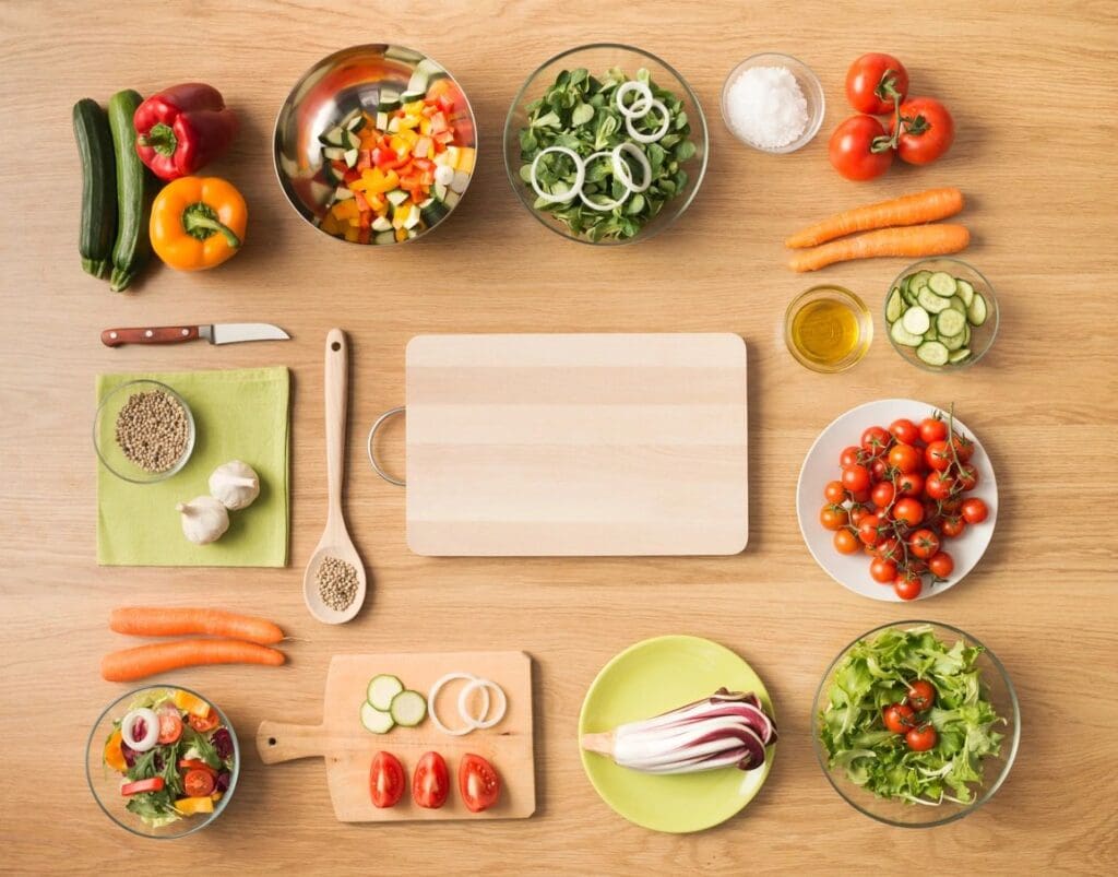 A flat lay of fresh salad ingredients.