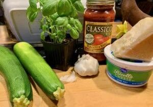 Ingredients for a zucchini pasta dish.