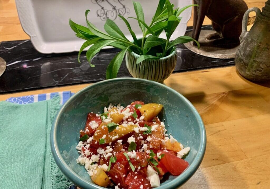 Watermelon, peach, and feta salad.