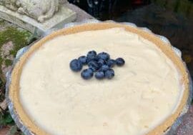 A blueberry topped cheesecake pie on a plate.