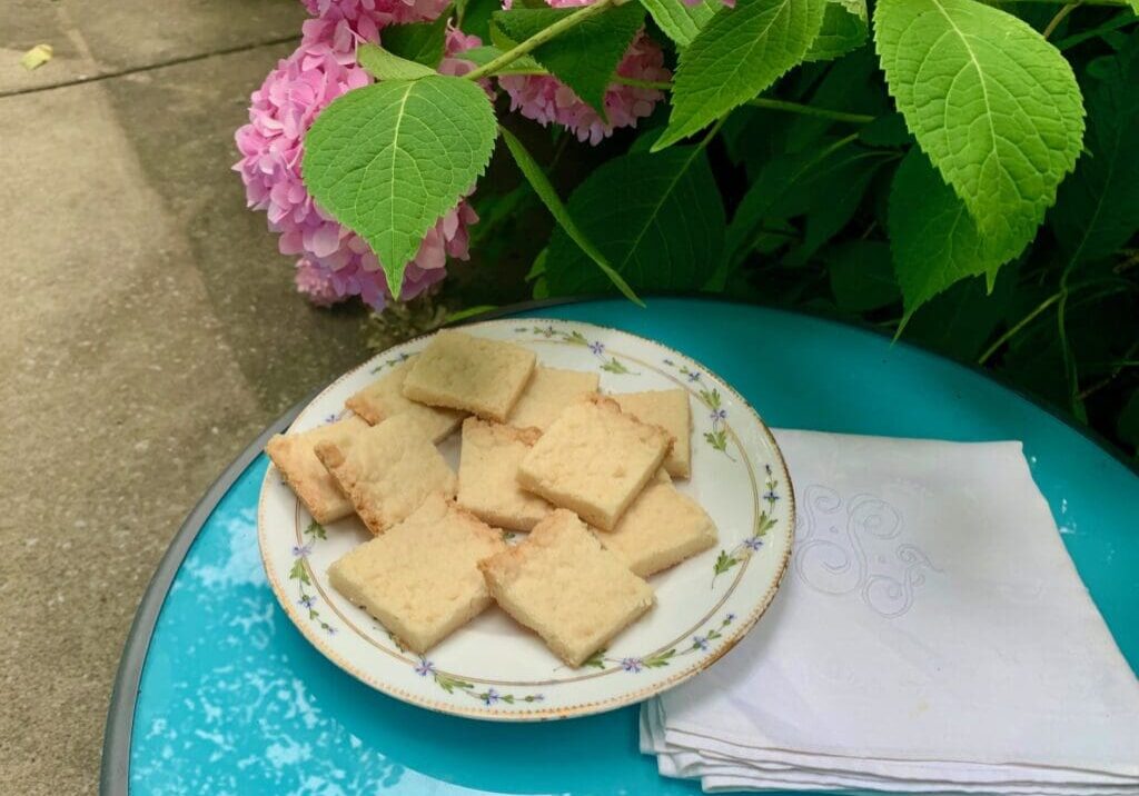 Shortbread cookies on a plate with a napkin.