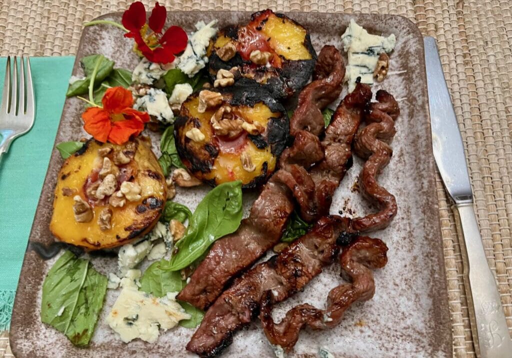 Grilled peaches, steak, and blue cheese.