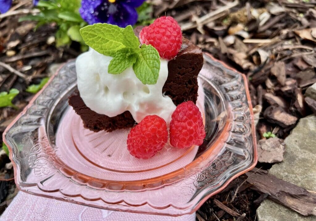 Chocolate cake with whipped cream and raspberries.