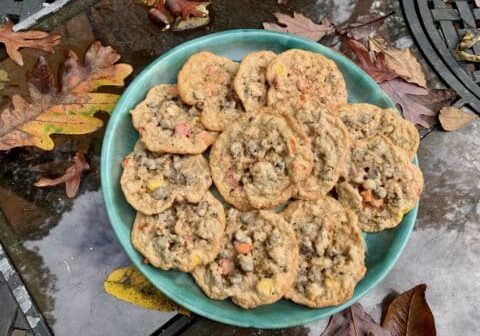 A plate of oatmeal raisin cookies.