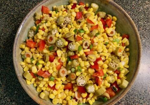 Corn, okra, and bell pepper salad.