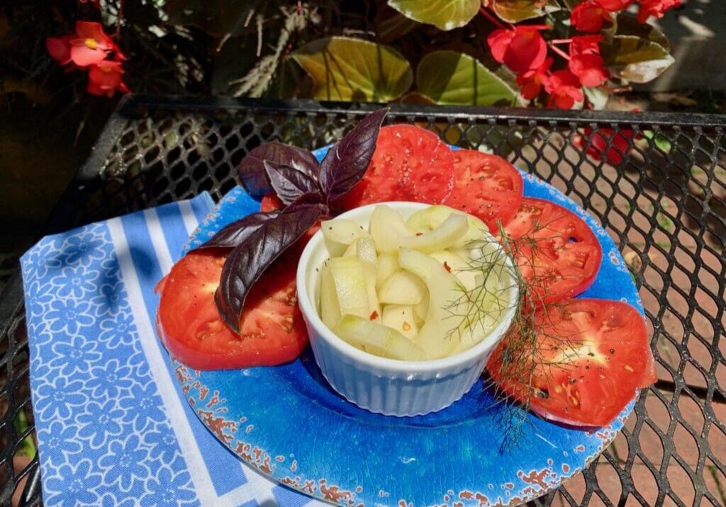 Cucumber and tomato salad with basil.