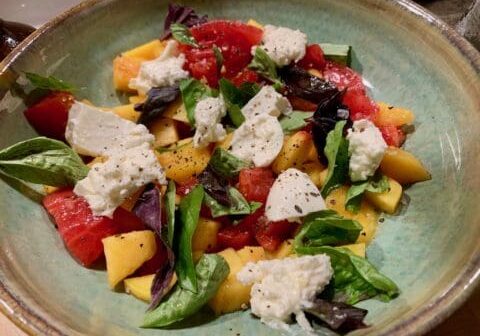 Tomato, peach, and burrata salad.