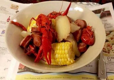 Crawfish boil with corn and potatoes.