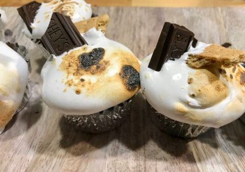 S'mores cupcakes with chocolate bars.