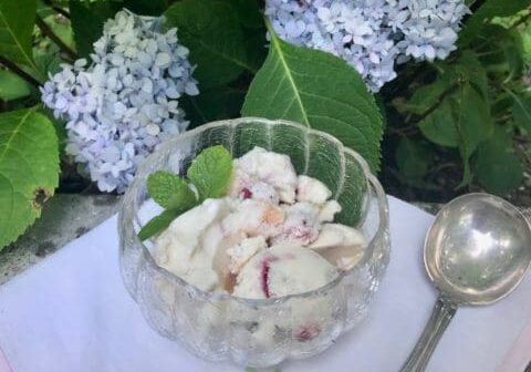 White ice cream with fruit in a bowl.