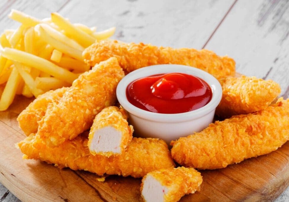 A wooden table topped with fried food and ketchup.