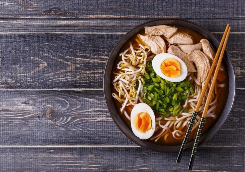 A bowl of ramen with chicken and eggs.