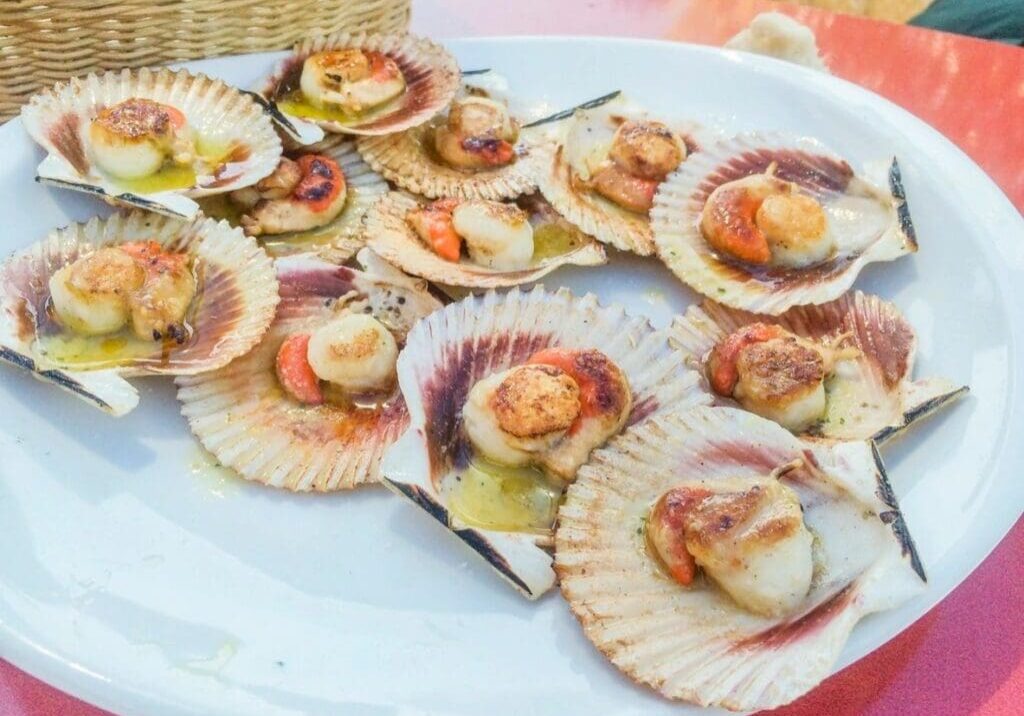 A plate of scallops with bacon on top.