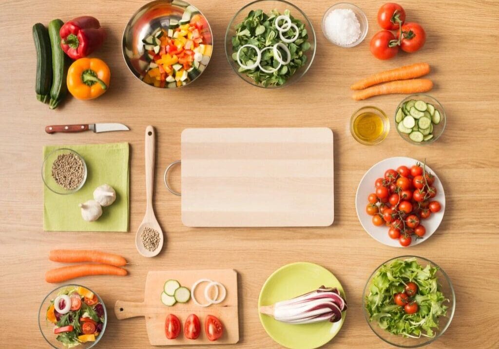 A flat lay of fresh salad ingredients.